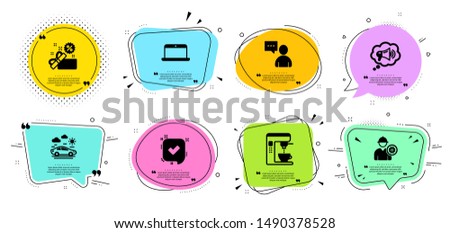 Confirmed, Users chat and Megaphone line icons set. Chat bubbles with quotes. Car travel, Sale and Laptop signs. Coffee maker, Engineer symbols. Accepted message, Communication concept. Vector