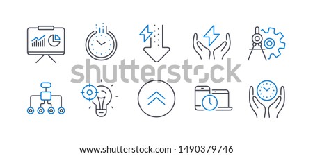 Set of Science icons, such as Time, Energy drops, Cogwheel dividers, Seo idea, Swipe up, Time management, Restructuring, Safe energy, Presentation line icons. Clock, Power usage. Vector