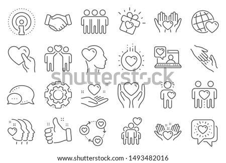 Friendship and love line icons. Interaction, Mutual understanding and assistance business. Trust handshake, social responsibility, mutual love icons. Trust friends, partnership. Line signs set. Vector