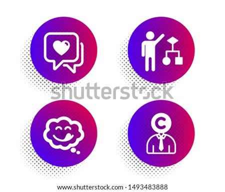 Yummy smile, Heart and Algorithm icons simple set. Halftone dots button. Copyrighter sign. Comic chat, Love chat, Developers job. Writer person. People set. Classic flat yummy smile icon. Vector