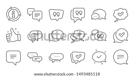 Chat and quote line icons. Approved, Checkmark box and Social media message. Chat speech bubble, Tick or check mark, Comment quote icons. Think speech bubble. Linear set. Quality line set. Vector