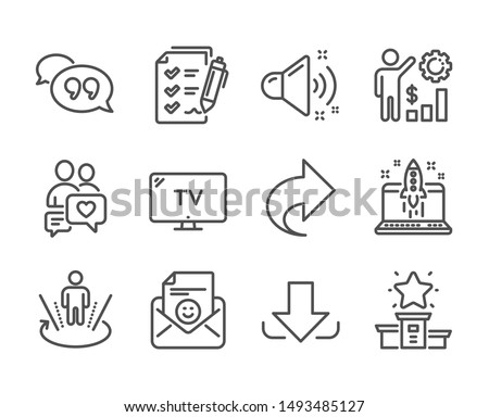 Set of Technology icons, such as Download, Quote bubble, Augmented reality, Tv, Loud sound, Survey checklist, Share, Employees wealth, Smile, Winner podium, Start business, Dating chat. Vector