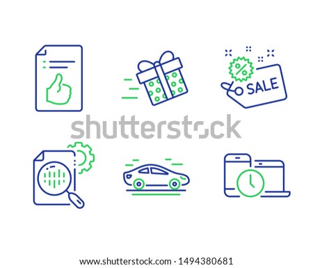 Present delivery, Approved document and Sale line icons set. Car, Seo stats and Time management signs. Shopping service, Like symbol, Shopping tag. Transport. Business set. Vector