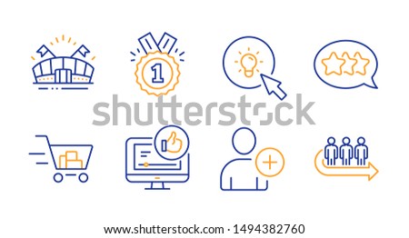 Like video, Stars and Add user line icons set. Sports arena, Shopping cart and Approved signs. Energy, Queue symbols. Thumbs up, Customer feedback. Business set. Line like video icon. Vector