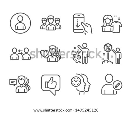 Set of People icons, such as Time management, Group, People, Man love, Scroll down, Edit user, Employee, Communication, Like, Discount, Clean shirt, Avatar line icons. Time management icon. Vector