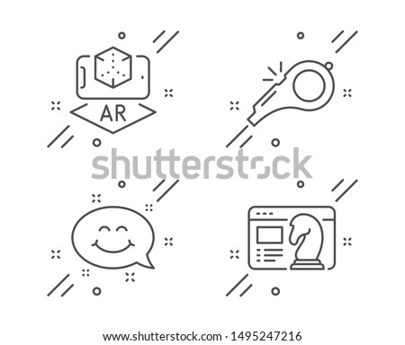 Augmented reality, Smile chat and Whistle line icons set. Seo strategy sign. Phone simulation, Happy emoticon, Kick-off. Chess knight. Business set. Line augmented reality outline icon. Vector