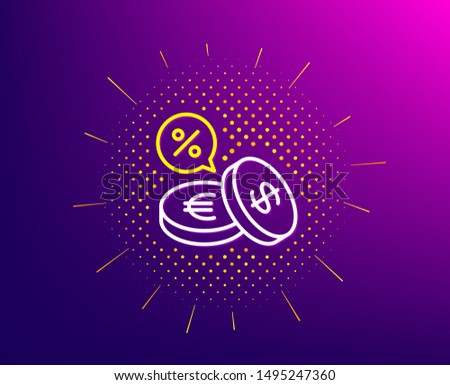 Coins money line icon. Halftone pattern. Banking currency sign. Euro and Dollar Cash symbols. Cashback service. Gradient background. Currency exchange line icon. Yellow halftone pattern. Vector