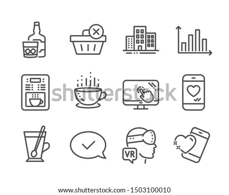 Set of Business icons, such as Heart, Approved message, Coffee maker, Whiskey glass, Tea mug, Buildings, Augmented reality, Touch screen, Delete purchase, Love chat, Coffee cup line icons. Vector