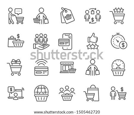 Buyer customer line icons. Contactless payment card, shopping cart and group of people. Store, buyer loyalty card, client ranking set icons. Shopping timer, phone payment, currency. Vector set