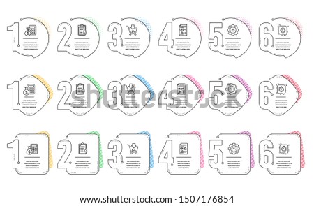 Reject checklist, Finance calculator and Time management line icons set. Infographic timeline. Timer, Shopping and Report document signs. Decline file, Calculate money, Settings. Vector