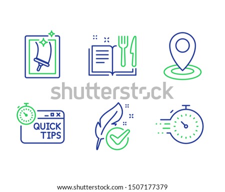 Location, Recipe book and Hypoallergenic tested line icons set. Quick tips, Window cleaning and Timer signs. Map pointer, Food, Feather. Helpful tricks. Business set. Vector