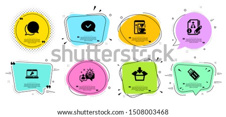 Chat message, Idea and Coffee maker line icons set. Chat bubbles with quotes. Algorithm, Get box and Approved message signs. Usb flash, Laptop repair symbols. Speech bubble, Solution. Vector