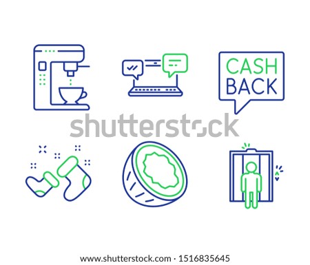 Santa boots, Money transfer and Internet chat line icons set. Coconut, Coffee maker and Elevator signs. New year, Cashback message, Online communication. Vegetarian nut. Business set. Vector