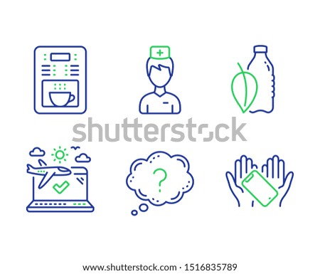 Airplane travel, Coffee maker and Question mark line icons set. Water bottle, Doctor and Smartphone holding signs. Check in, Tea machine, Quiz chat. Mint leaf drink. Business set. Vector
