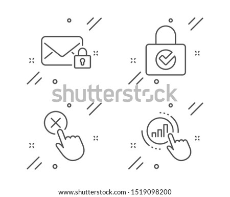 Password encryption, Reject click and Secure mail line icons set. Graph chart sign. Protection locker, Delete button, Private e-mail. Get report. Technology set. Vector
