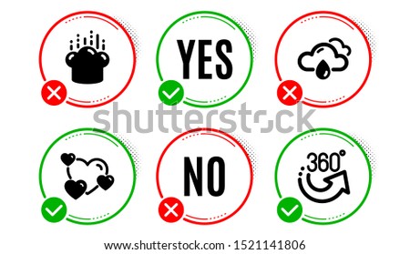 Heart, Cooking hat and Rainy weather icons simple set. Yes no check box. 360 degrees sign. Love rating, Chef, Rain. Full rotation. Business set. Heart icon. Check mark. Vector