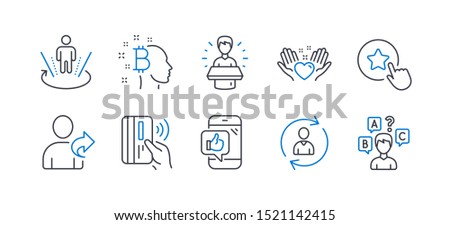 Set of People icons, such as Hold heart, Brand ambassador, Refer friend, Mobile like, Bitcoin think, Augmented reality, Contactless payment, Person info, Loyalty star, Quiz test. Vector