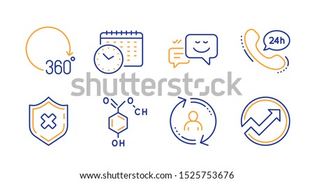 24h service, Calendar time and 360 degrees line icons set. Reject protection, Chemical formula and Happy emotion signs. User info, Audit symbols. Call support, Clock. Technology set. Vector