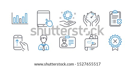 Set of Business icons, such as Employee hand, Journey path, Column chart, Timer, Identification card, Businessman, Reject checklist, Swipe up, Tablet pc, Reject medal line icons. Vector