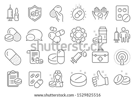 Medical drugs line icons. Healthcare, Prescription and Pill signs. Pharmacy drugs, medical nurse, recipe pill icons. Antibiotic capsule, syringe vaccination, medicine cure. Line signs set. Vector