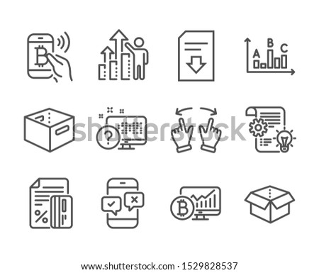 Set of Technology icons, such as Phone survey, Credit card, Cogwheel, Bitcoin pay, Survey results, Open box, Bitcoin chart, Move gesture, Office box, Employee results, Online quiz. Vector