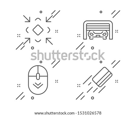 Scroll down, Minimize and Parking garage line icons set. Credit card sign. Mouse swipe, Small screen, Automatic door. Bank payment. Technology set. Line scroll down outline icon. Vector