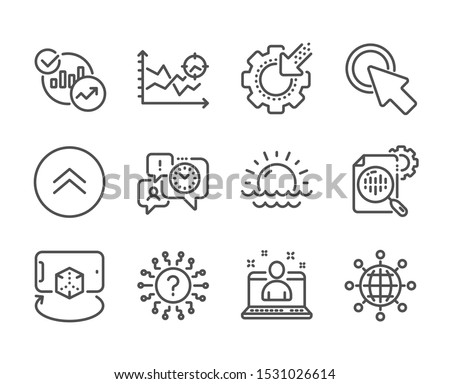 Set of Science icons, such as Seo stats, Statistics, Augmented reality, Seo analysis, Click here, International globe, Swipe up, Best manager, Time management, Sunset, Question mark. Vector