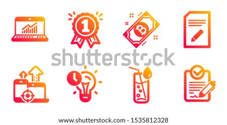 Seo devices, Water glass and Time management line icons set. Edit document, Online statistics and Bitcoin signs. Reward, Rfp symbols. Mobile stats, Soda drink. Business set. Vector