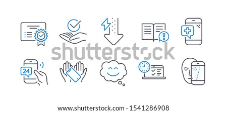 Set of Business icons, such as Medical phone, Certificate, Smile chat, Facts, Energy drops, Approved, Smartphone holding, 24h service, Online test, Face biometrics line icons. Vector