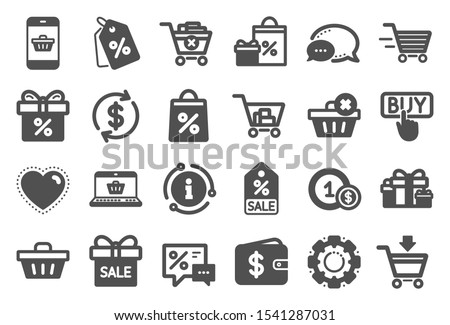 Shopping wallet icons. Gift, Present and Sale offer signs. Shopping cart, Delivery gift and Tags symbols. Speech bubble, Discount, sale and wallet. Online buying. Surprise present. Quality set. Vector