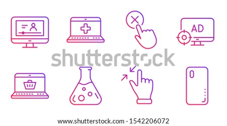 Touchscreen gesture, Online video and Medical help line icons set. Chemistry lab, Online shopping and Reject click signs. Seo adblock, Smartphone cover symbols. Zoom out, Video exam. Vector