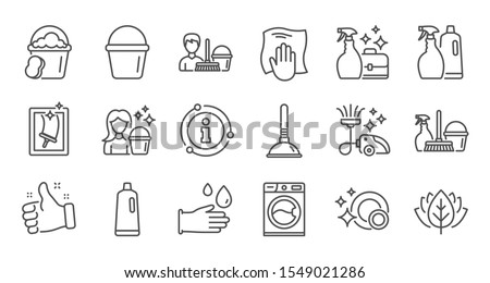 Cleaning line icons. Laundry, Window sponge and Vacuum cleaner. Washing machine linear icon set. Quality line set. Vector