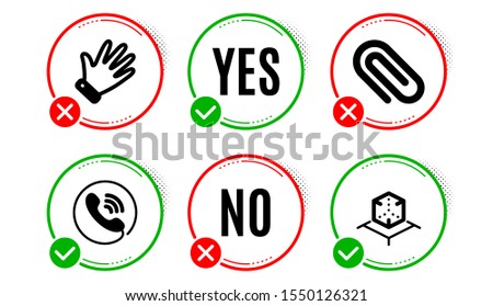 Paper clip, Hand and Call center icons simple set. Yes no check box. Augmented reality sign. Attach paperclip, Waving palm, Phone support. Virtual reality. Business set. Paper clip icon. Vector