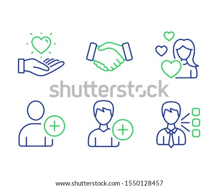 Add user, Handshake and Hold heart line icons set. Love, Add person and Third party signs. Profile settings, Deal hand, Love brand. Edit user data. People set. Line add user outline icons. Vector