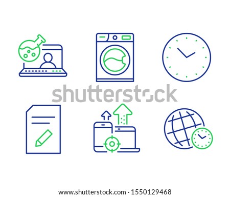 Edit document, Online chemistry and Time line icons set. Washing machine, Seo devices and Time zone signs. Page with pencil, Lab flask, Clock. Laundry service. Technology set. Vector