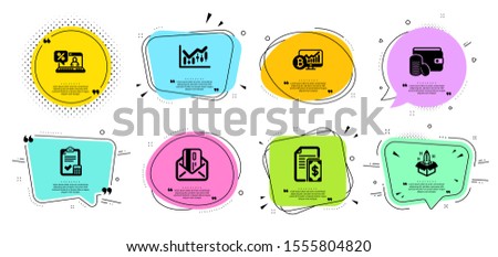 Financial diagram, Payment method and Credit card line icons set. Chat bubbles with quotes. Accounting checklist, Bitcoin chart and Payment signs. Startup, Online loan symbols. Vector