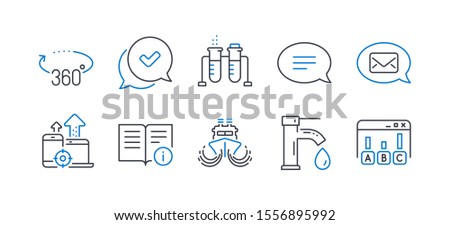 Set of Technology icons, such as Ship, 360 degrees, Tap water, Chemistry beaker, Messenger, Seo devices, Approved, Chat, Technical info, Survey results line icons. Line ship icon. Vector