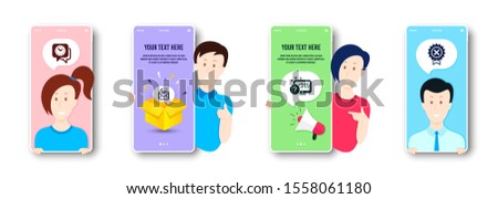 Online quiz, Clock and Mail correspondence icons simple set. People on phone screen. Reject medal sign. Web support, Time, E-mail newsletter. Award rejection. Technology set. Vector