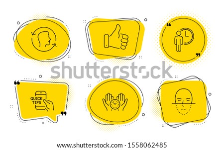 Education, Waiting and Face recognition signs. Chat bubbles. Like hand, Safe time and Face id line icons set. Thumbs up, Management, Identification system. Quick tips. People set. Vector