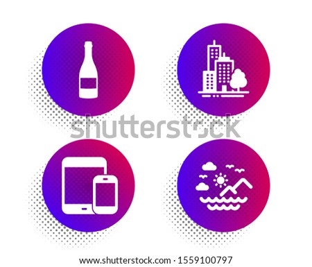 Mobile devices, Skyscraper buildings and Champagne bottle icons simple set. Halftone dots button. Sea mountains sign. Smartphone with tablet, Town architecture, Anniversary alcohol. Vector