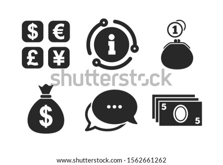 Cash money bag and wallet with coins signs. Chat, info sign. Currency exchange icon. Dollar, euro, pound, yen symbols. Classic style speech bubble icon. Vector