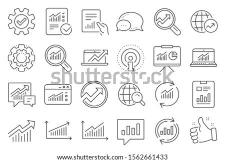 Analytics, Statistics line icons. Set of Chart, Report document and Graph icons. Data analytics, Presentation chart and Communication. Global Statistics, hold document and checklist report. Vector
