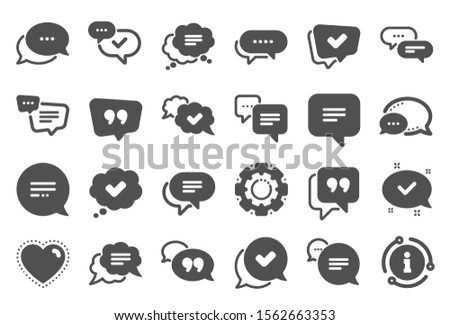 Chat and quote icons. Approved, Checkmark box and Social media message. Chat speech bubble, Tick or check mark, Comment quote icons. Think, approved talk, speech bubble. Quality set. Vector