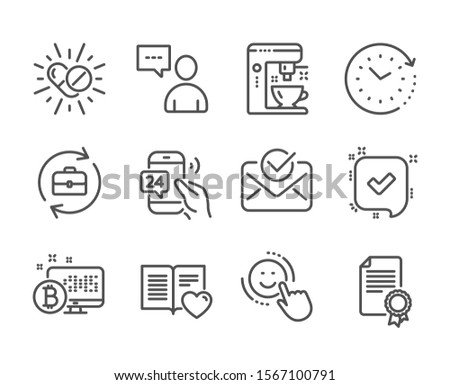 Set of Business icons, such as Users chat, 24h service, Coffee maker, Confirmed, Certificate, Human resources, Love book, Smile, Approved mail, Time change, Bitcoin system, Medical drugs. Vector