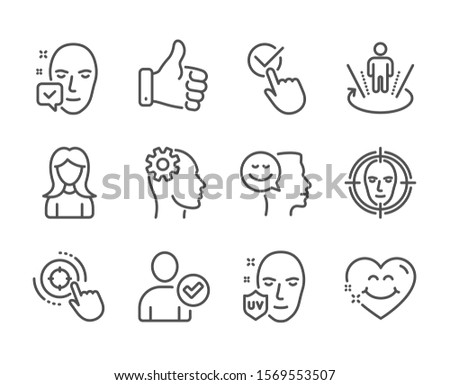 Set of People icons, such as Engineering, Uv protection, Like hand, Seo target, Face detect, Identity confirmed, Good mood, Augmented reality, Woman, Smile face, Checkbox line icons. Vector