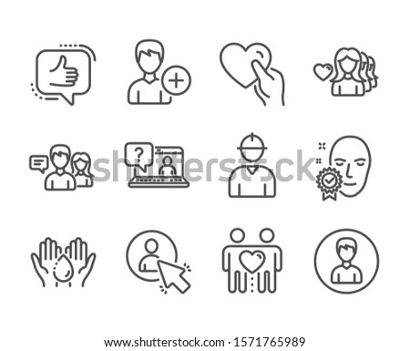 Set of People icons, such as Person, Wash hands, Hold heart, Like, Woman love, Engineer, Face verified, Faq, Friends couple, People talking, Add person, User line icons. Person icon. Vector