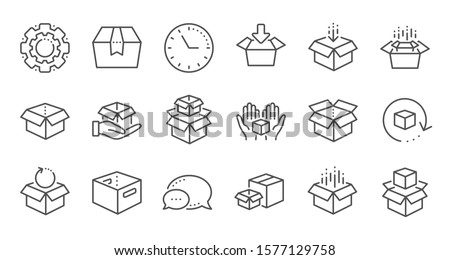 Box line icons. Package, delivery boxes, cargo box. Cargo distribution, export boxes, return parcel icons. Shipment of goods, open package. Linear set. Quality line set. Vector