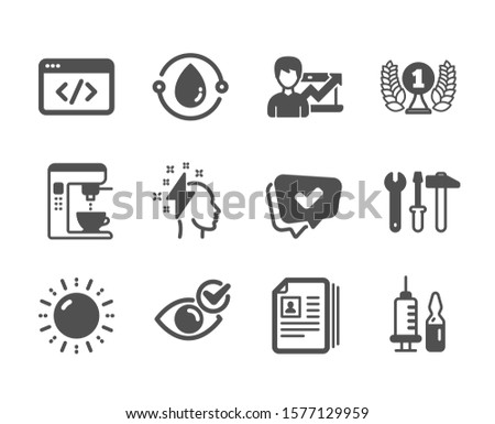 Set of Business icons, such as Cold-pressed oil, Medical vaccination, Brainstorming, Success business, Sun energy, Coffee maker, Check eye, Seo script, Approved, Cv documents, Spanner tool. Vector