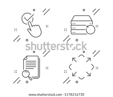 Search file, Recovery server and Checkbox line icons set. Maximize sign. Find document, Backup data, Approved. Full screen. Technology set. Line search file outline icon. Vector