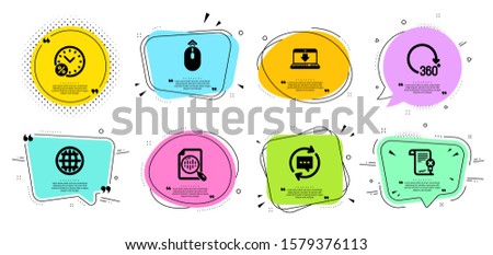 Analytics chart, Update comments and Internet downloading line icons set. Chat bubbles with quotes. Globe, Loan percent and Swipe up signs. Reject certificate, 360 degrees symbols. Vector